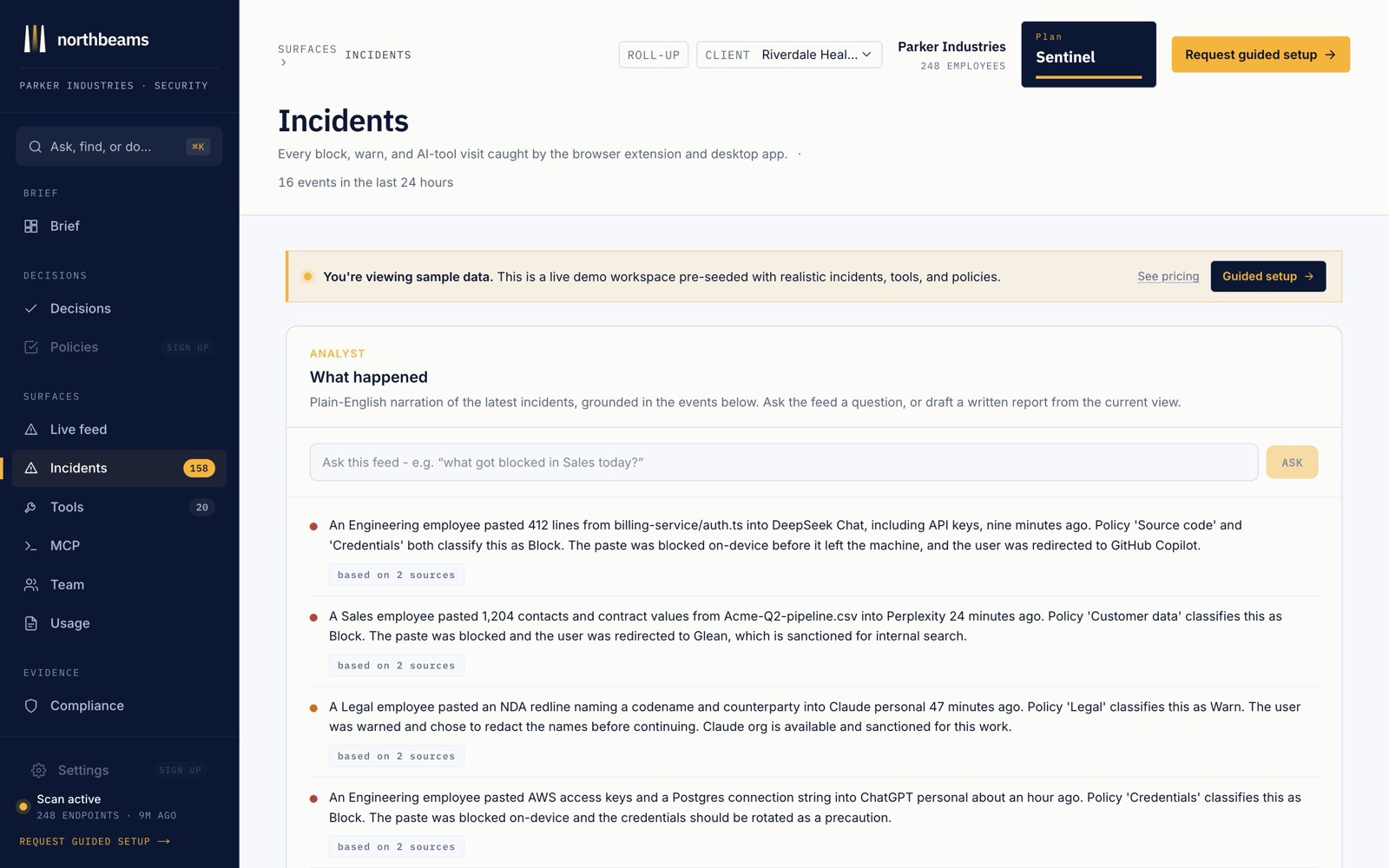The Incidents page: events that crossed a line, ranked by severity, each with who, what, when, and the tool.