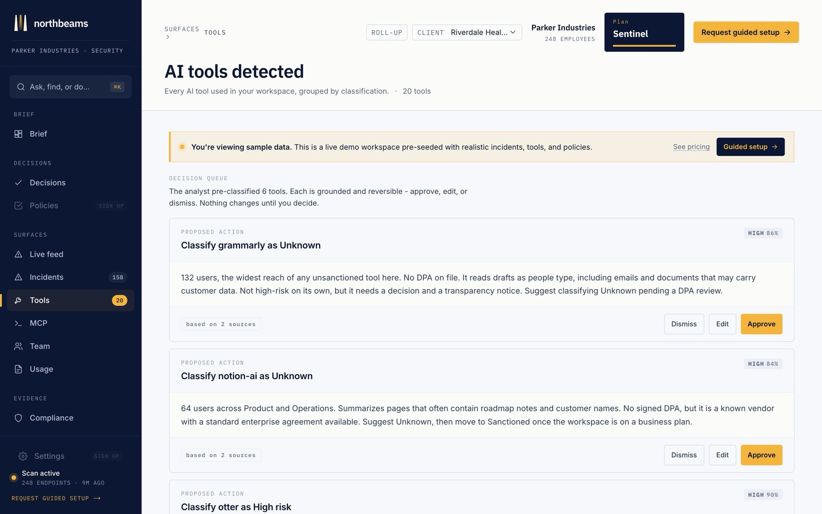 The Tools page: your full AI inventory, each tool labeled sanctioned, unknown, or high-risk, with users and activity.